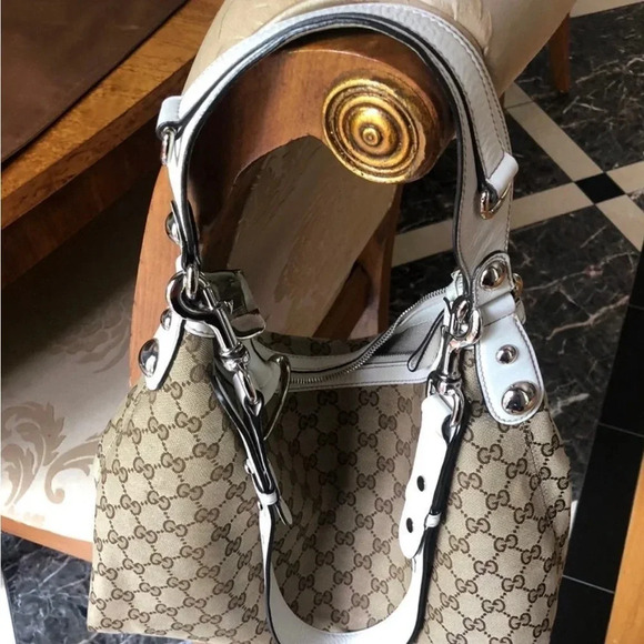 Gucci Horsebit Large Hobo GG Canvas Beige White Leather Trim Shoulder Bag - Picture 5 of 12